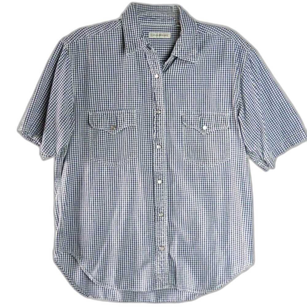 Banana Republic Men's Size L Pearl Snap Plaid Blue Short-Sleeve Button Down